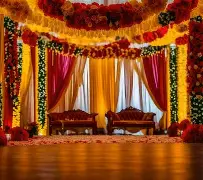 Elegant wedding reception venue setting.